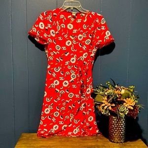 Red floral wrap dress